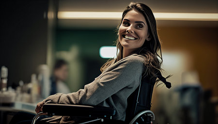 Portrait, AI Generative, patient smile on wheelchair in hospitalの素材