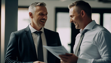 Two handsome businessmen standing and discussing with a piece of paper in their left hand. background in the workplace, AI Generativeの素材