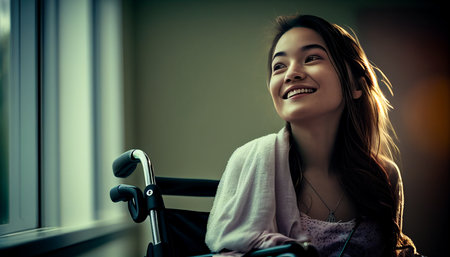 Portrait, AI Generative, patient smile on wheelchair in hospitalの素材