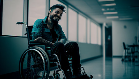 Portrait, AI Generative, patient smile on wheelchair in hospitalの素材