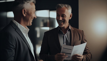 Two handsome businessmen standing and discussing with a piece of paper in their left hand. background in the workplace, AI Generativeの素材