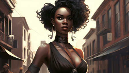 A black woman smiles in a stylish metropolitan scene on the street, Generative AIの素材