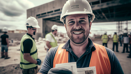 Site manager content Putting on a hat and gloves The hand is carrying a piece of paper. Background of a construction site, Generative AIの素材