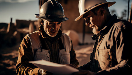 In the petrochemical industry Managers discuss blueprint with a well-dressed male electrical engineer. Industry supporting power supply, Generative AIの素材