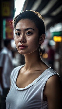 portrait of a typical Bangkok resident A beautiful woman with a bright smile in a stylish metropolitan surroundings in Thailand, Generative AIの素材