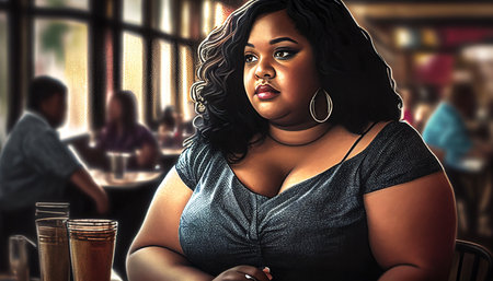 Generative AI portrait of a lovely black plus-sized woman in a cafeの素材