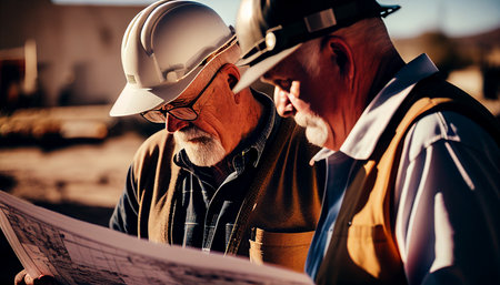In the petrochemical industry Managers discuss blueprint with a well-dressed male electrical engineer. Industry supporting power supply, Generative AIの素材