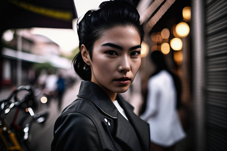 portrait of a typical Bangkok resident A beautiful woman with a bright smile in a stylish metropolitan surroundings in Thailand, Generative AIの素材