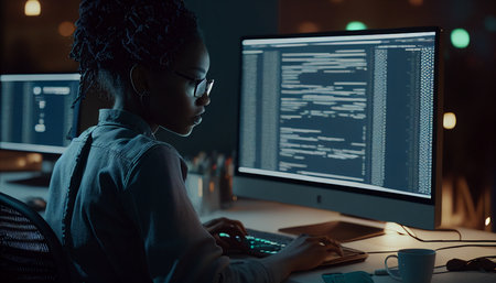 In the office, a female programmer sits in front of a computer screen, coding an IT concept, AI generativeの素材