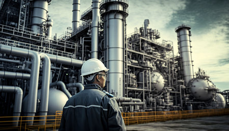 In a natural gas facility, a refinery engineer inspects gas storage and supply. Genaretive AI.In a natural gas facility, a refinery engineer inspects gas storage and supply. Genaretive AI.の素材