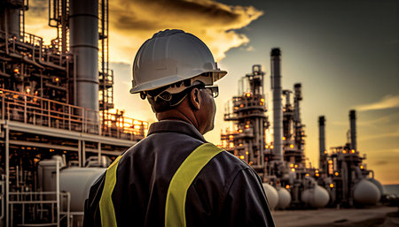 In a natural gas facility, a refinery engineer inspects gas storage and supply. Genaretive AI.In a natural gas facility, a refinery engineer inspects gas storage and supply. Genaretive AI.の素材