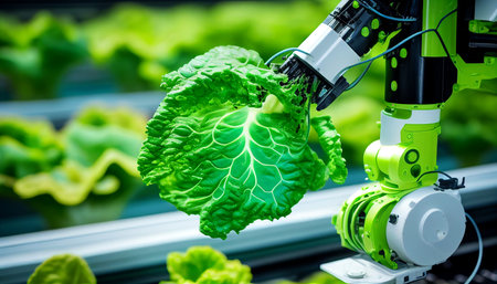 A robotic arm gathers lettuce in a hydroponic greenhouse using Smart Farming technology, AI Generativeの素材