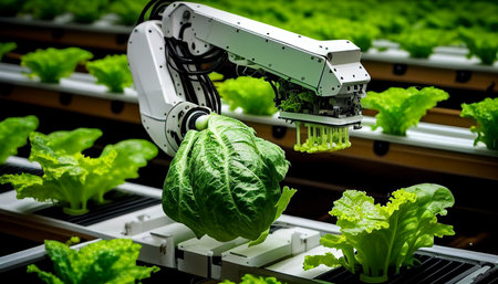A robotic arm gathers lettuce in a hydroponic greenhouse using Smart Farming technology, AI Generativeの素材