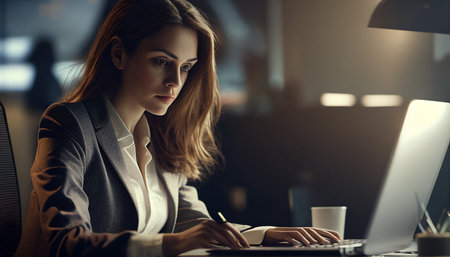 generative ai, portrait of a Hispanic woman working on a laptop computer in a busy downtown cafeの素材