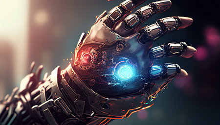 A highly detailed robotic hand touches a digital circuit board with its index finger. Bionic technology is implemented in the virtual world, Generative AIの素材