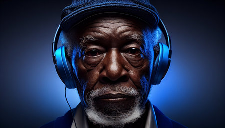 Grandpa is a cool old black man wearing headphones and listening to music. AI generativeの素材