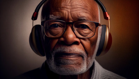 Grandpa is a cool old black man wearing headphones and listening to music. AI generativeの素材