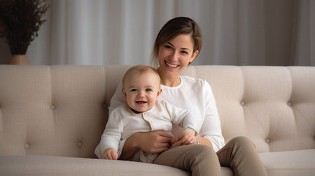 A young boy and his mother are seated on the sofa. Generative AIの素材