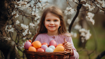 Generative AI's "Basket of Easter Eggs with Smiling Child Against Blooming Tree"の素材