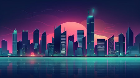 Generative AI has created a midnight cityscape of the neon metropolis.の素材