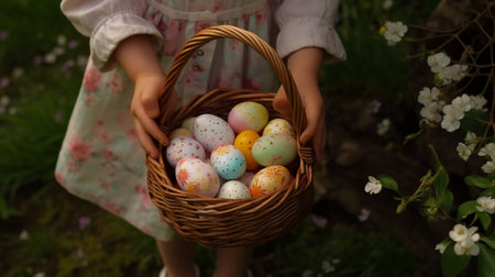 Generative AI's "Basket of Easter Eggs with Smiling Child Against Blooming Tree"の素材