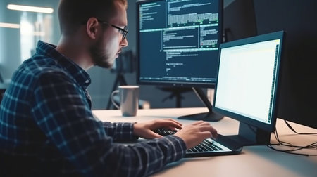 In the manner of code-based creations and Generative AI, a man codes on a desk with two laptops.の素材