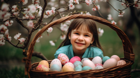 Generative AI's "Basket of Easter Eggs with Smiling Child Against Blooming Tree"の素材