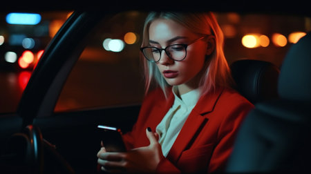Asian entrepreneur using Generative AI to work late at night while traveling from the office in a taxi in the metropolis.の素材