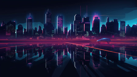 Generative AI has created a midnight cityscape of the neon metropolis.の素材
