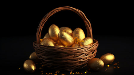 Generative AI depicts Easter eggs in a golden basket against a dark background.の素材