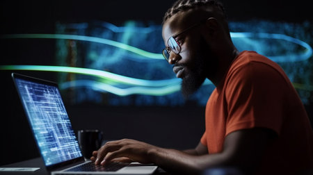 In the manner of code-based creations and Generative AI, a man codes on a desk with two laptops.の素材