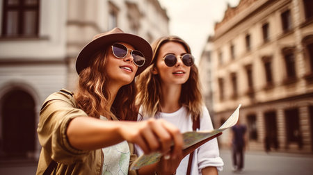 concept of recreation, companionship, and travel. Generative AI is used to guide beautiful girls in the city.の素材