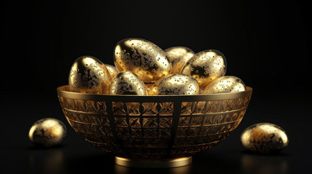 Generative AI depicts Easter eggs in a golden basket against a dark background.の素材