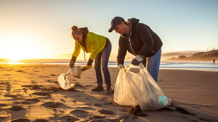 Generative AI, two beachgoers clearing up garbageの素材