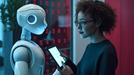 Generative AI, a woman using her phone next to a robotの素材