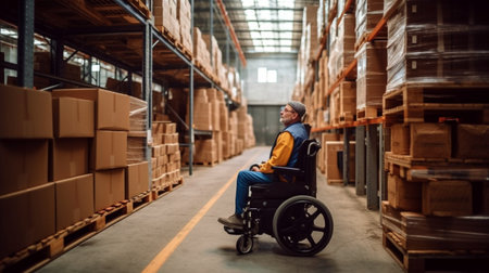 Generative AI, a man in a wheelchair at a warehouseの素材