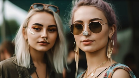 Generative AI Portrait of Two Models at a Concert Festival at Nightの素材