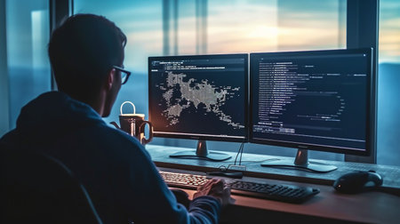 In the manner of code-based creations and Generative AI, a man codes on a desk with two laptops.の素材