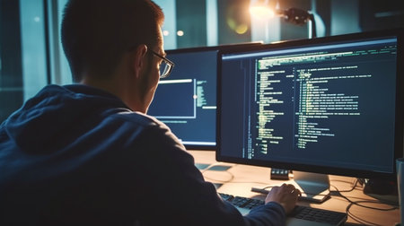 In the manner of code-based creations and Generative AI, a man codes on a desk with two laptops.の素材