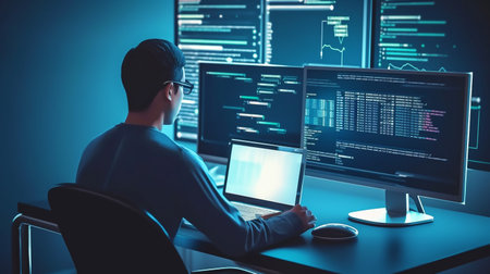 A software developer works on computer-aided manufacturing, Generative AI, code while seated at a desk.の素材