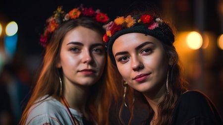 Generative AI Portrait of Two Models at a Concert Festival at Nightの素材