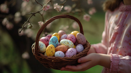 Generative AI's "Basket of Easter Eggs with Smiling Child Against Blooming Tree"の素材