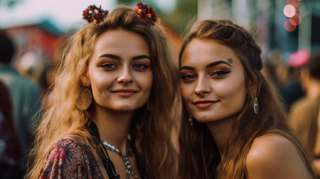 Generative AI Portrait of Two Models at a Concert Festival at Nightの素材