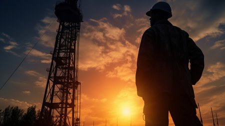 Generative AI, oil worker observing pipelines while standing beneath the skyの素材