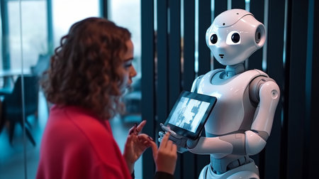 Generative AI, a woman using her phone next to a robotの素材