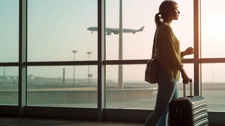 Generative AI shows a young woman waiting by a window at the airport with a suitcase.の素材
