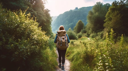 a hiker carrying a bag as they ascend a trail, Generative AIの素材