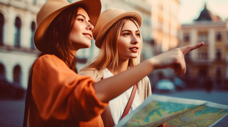 concept of recreation, companionship, and travel. Generative AI is used to guide beautiful girls in the city.の素材