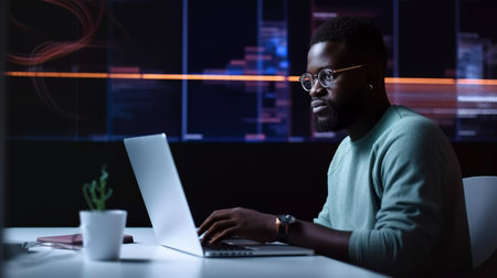 A man using Generative AI while sitting in front of a laptopの素材