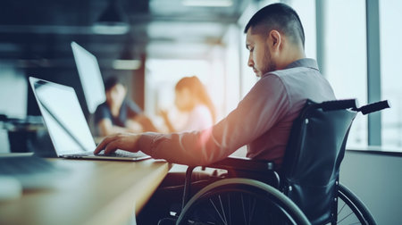 a wheelchair-bound man working on a laptop, Generative AIの素材